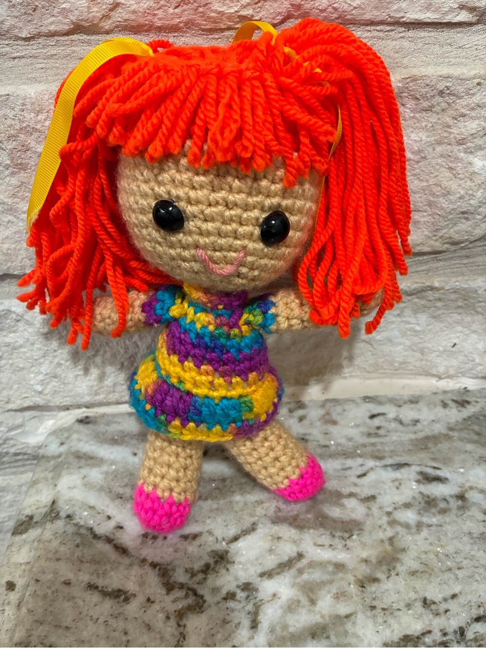 Handmade Crochet Doll for Kids - Bright Orange Hair, Multicolor Dress